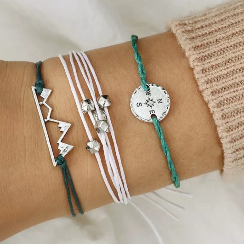 Three Piece Compass and Mountain Bracelet Set